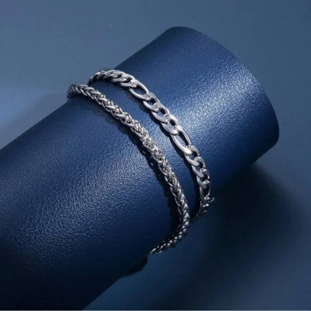 2pcs Set Simple Stainless Steel Bracelet For Men And Women Vacation Gift